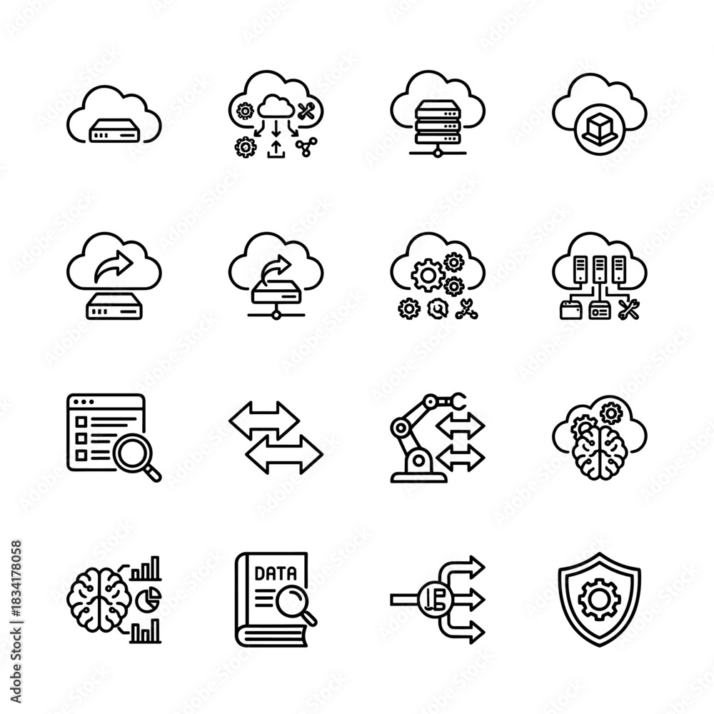 Fototapeta premium Information technology line icon set. Vector pictograms of cloud computing, data analysis, automation, and networking, thin outline illustration.