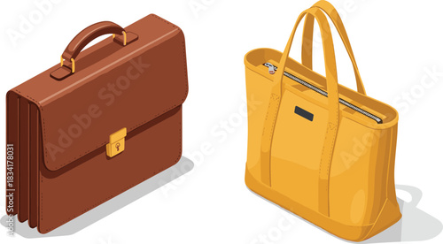 Leather briefcase illustration, yellow tote bag, casual vs formal, bag comparison, office accessory, fashion item, zipper detail, stylish design