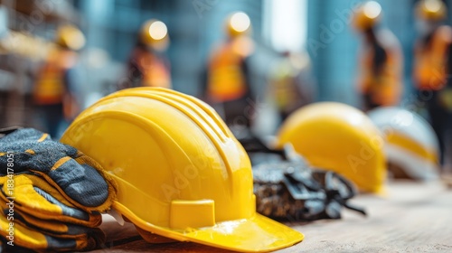 Safety Gear on the Construction Site: A detailed close-up shot of safety gear, including hard hats and gloves, on a construction site, emphasizing the vital role of protection and worker well-being.