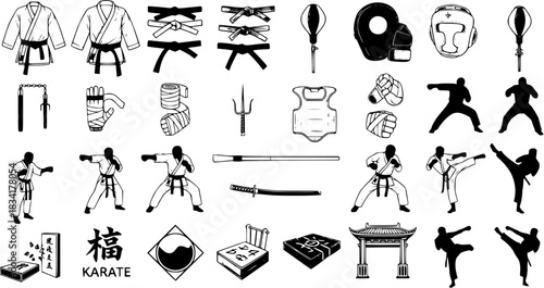 Karate  Martial Arts Equipment and People: Black  White Clip Art Set