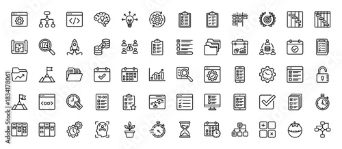 Project management and development line icon set. Vector pictograms of task lists, calendars, flowcharts, and code, thin outline illustration.