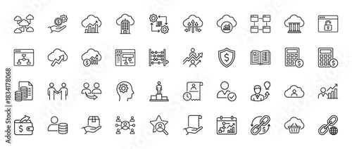 Business, finance, and technology line icon set. Vector pictograms of cloud computing, strategy, charts, and management, thin outline illustration.