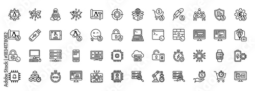 Technology and development line icon set. Vector pictograms of linux, security, coding, processor, and rtos, thin outline illustration.