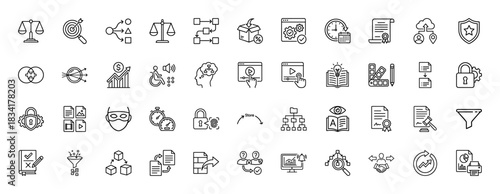 Business and legal compliance line icon set. Vector pictograms of scales, target, strategy, shield, chart, gavel, funnel and handshake, thin outline illustration.