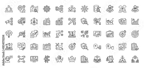 Business and technology line icon set. Vector pictograms of machine learning, analytics, and strategy, thin outline illustration.