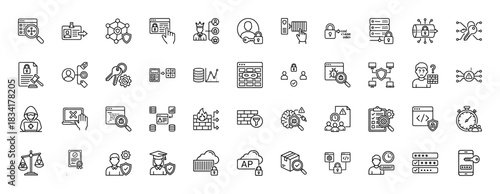 Cybersecurity and data protection line icon set. Vector pictograms of authentication, encryption, firewall, and access control, thin outline illustration.