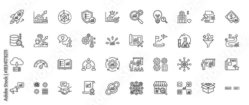 Business and data analysis line icon set. Vector pictograms of growth chart, database, setting, and marketing, thin outline illustration.