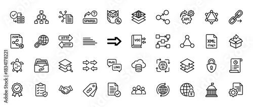 Semantic web and linked data line icon set. Vector pictograms of sparql, http, json, xml, owl, and data layering, thin outline illustration.