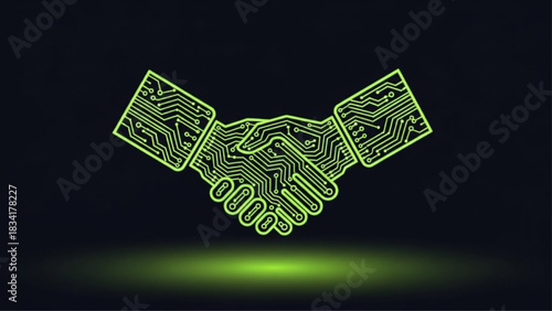 Neon green circuit board digital handshake icon.