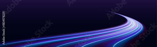 Bright streaks of neon light spiral across dark backgrounds. Motion blur creates depth and high-speed effect. Perfect for cyber and sci-fi art.