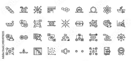 Project management line icon set. Vector pictograms of agile cycle, flowchart, kanban, gantt chart, scrum, data analysis, brainstorming, thin outline illustration.