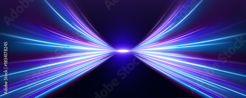 Dynamic neon waves ripple across a dark city landscape. Motion blur emphasizes speed and energy flow. Perfect for cyberpunk and sci-fi visuals.