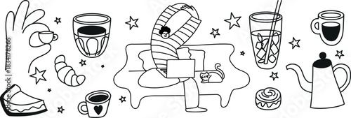 Playful black-and-white line art set with oversized hand holding a tiny cup, characters relaxing with coffee, cake, iced drinks, cat and pastries. Perfect for branding and social media.