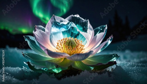 Fantasy lotus flower glowing aurora borealis snow.