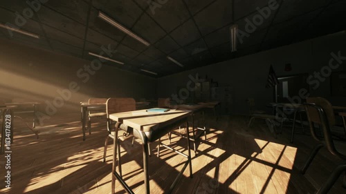 Dusty sunlight filters through windows in an old, abandoned school classroom. Empty desks and chairs create an atmosphere of stillness, evoking memories of learning and neglect.