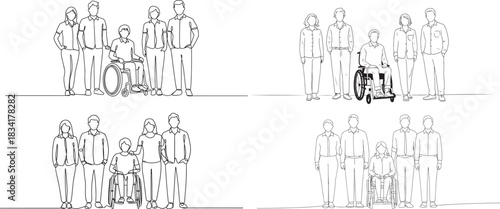 People standing in a line, one person in a wheelchair in the center line art set, health care concept.