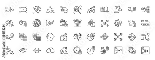 Business data analysis line icon set. Vector pictograms of flowcharts, database, search, and vr headset, thin outline illustration.