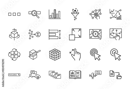 Data analysis and statistics line icon set. Vector pictograms of charts, graphs, filters, sorting, maps, cubes, search, nodes and reporting, thin outline illustration.