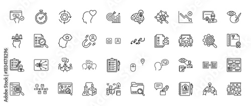 Business and analysis line icon set. Vector pictograms of research, strategy, optimization, and project management, thin outline illustration.