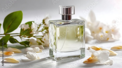 Photograph of a white label perfume bottle with flowers and flower pedals. Product photography