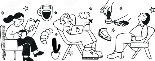 Minimal and cozy line art set with reading girl, girl with laptop, tamping hands, pastries, stars, and coffee cups. Perfect for posters, blogs, packaging, and stationery.