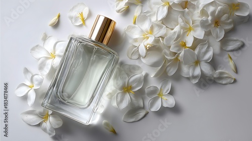 Photograph of a white label perfume bottle with flowers and flower pedals. Product photography