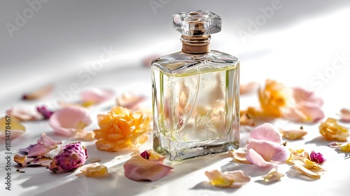 Photograph of a white label perfume bottle with flowers and flower pedals. Product photography