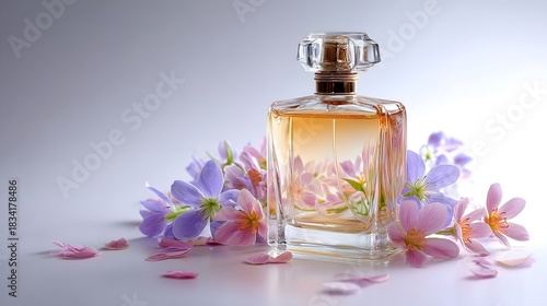 Photograph of a white label perfume bottle with flowers and flower pedals. Product photography