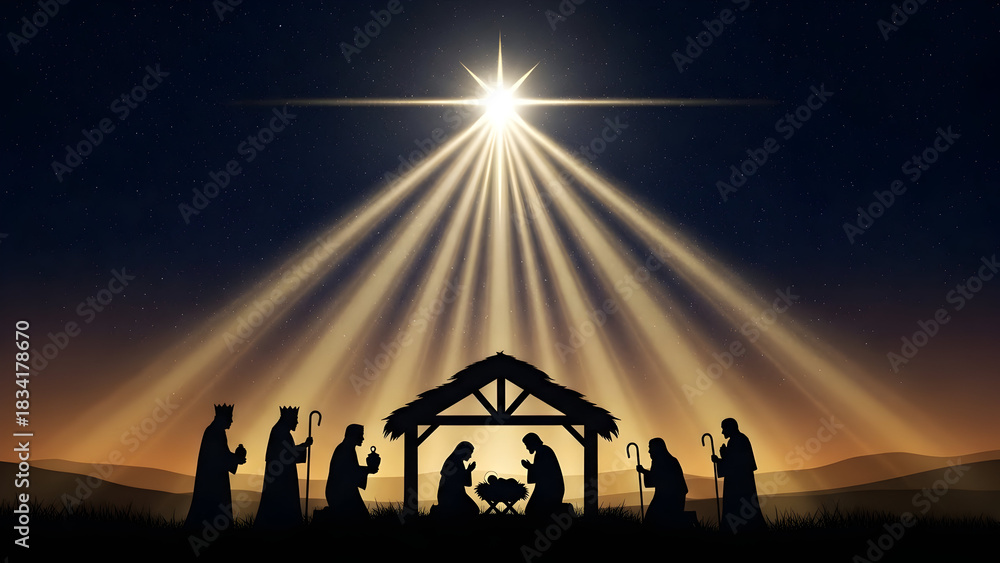 Obraz premium Nativity scene in silhouette with glowing Star of Bethlehem and radiant divine light, representing Christmas, spiritual birth of Christ, peaceful religious and traditional festive artwork