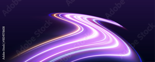Glowing neon curves simulate fast motion on highways. Each streak shines with kinetic energy and direction. Perfect for digital tech visuals. PNG