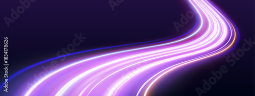 Vibrant light beams streak across the city skyline. Motion blur adds speed and futuristic energy. Ideal for cyberpunk and sci-fi art. 