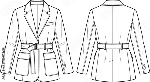 Technical sketch of a belted blazer jacket front and back views fashion illustration for design pattern making and garment construction purposes