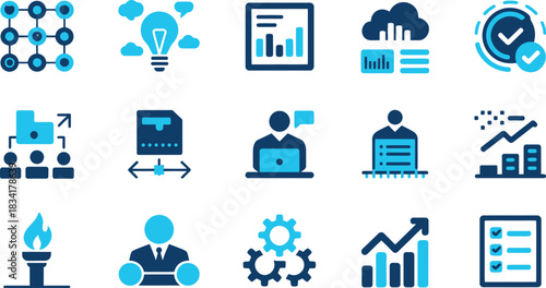 Collection of business and technology icons representing various concepts such as cloud computing data analysis and team collaboration in blue and black