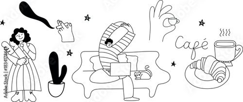 Charming black-and-white cafe-themed line art with lettering “Café”, croissant, steaming cup, characters, stars and plants. Perfect for menus, logos, branding and packaging.