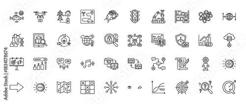 Technology and business line icon set. Vector pictograms of smart car, drone, traffic light, warehouse, finance, data, and education, thin outline illustration.