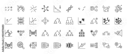 Machine learning and artificial intelligence line icon set. Vector pictograms of neural networks, data clustering, decision trees, and genetic algorithms, thin outline illustration.
