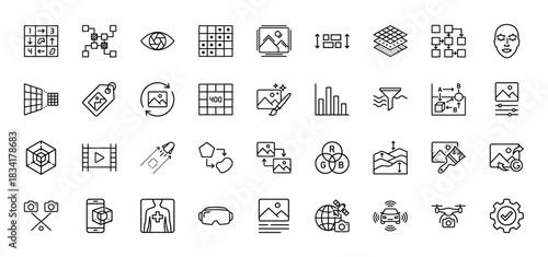 Image and data processing line icon set. vector pictograms of color adjustment, filtering, segmentation, and augmented reality, thin outline illustration.