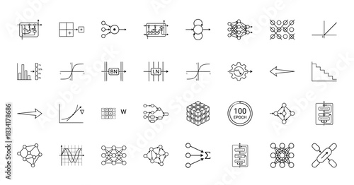 Artificial intelligence line icon set. Vector pictograms of neural networks, data flow, activation functions, and deep learning concepts, thin outline illustration.