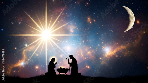 Nativity scene in silhouette under radiant Star of Bethlehem with celestial sky, representing Christmas, spiritual birth of Christ, peaceful religious and traditional festive artwork