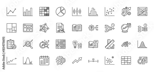 Data analysis and statistics line icon set. Vector pictograms of charts, graphs, and computation symbols, thin outline illustration.
