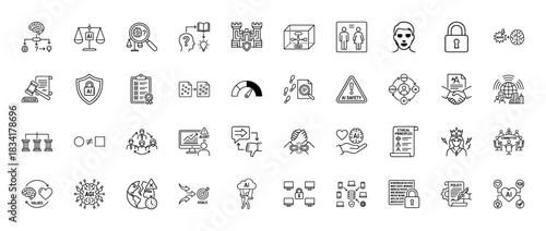 Artificial intelligence and ethics line icon set. Vector pictograms of machine learning, safety, principles, regulation, and security, thin outline illustration.