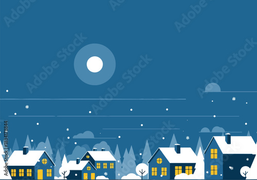 Stylized nighttime winter village scene under a large white moon with falling snow
