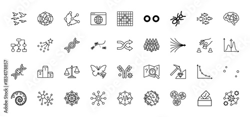 Science and data line icon set. Vector pictograms of biology, analysis, networks, and research concepts, thin outline illustration.
