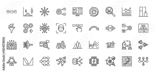 Technology and data science line icon set. Vector pictograms of algorithms, machine learning, and artificial intelligence concepts, thin outline illustration.