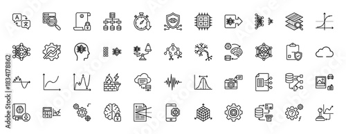Artificial intelligence line icon set. Vector pictograms of machine learning, neural network, brain, algorithm, cloud, processor, analytics, thin outline illustration.