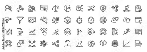 Data science and business optimization line icon set. vector pictograms of magnifying glass, gears, charts, funnel, neural network, and security shields, thin outline illustration.