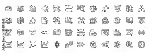 Technology and data science line icon set. Vector pictograms of dashboard, algorithms, security, and neural networks, thin outline illustration.