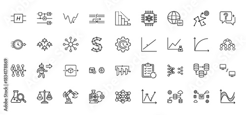 Artificial intelligence and machine learning line icon set. Vector pictograms of neural networks, data analysis, and robotics, thin outline illustration.