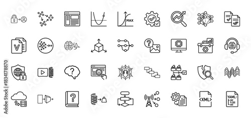 Technology and data science line icon set. Vector pictograms of machine learning, security, analytics, and software development, thin outline illustration.