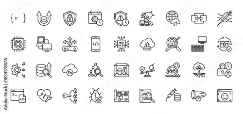 Software development and cybersecurity line icon set. Vector pictograms of coding, security, testing, cloud computing, and database management, thin outline illustration.
